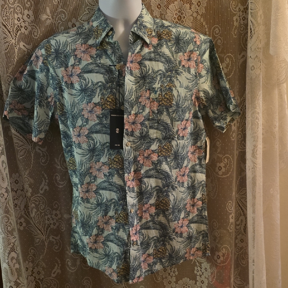 New Izod Mens S Blue Pink Floral Print Button‎ Cotton Short Sleeve Shirt